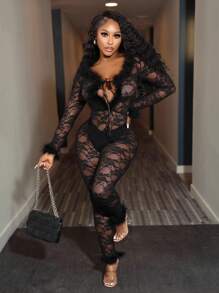 BamGleam Damski, półprzezroczysty, koronkowy kombinezon z długim rękawem i ozdobnymi piórkami, odpowiedni na lato i jesień - Czarne - Zobacz 4