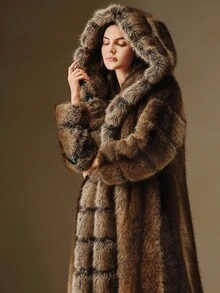 Anewsta Fashionable Women Faux Fur Hooded Long Coat - Brown - View 2