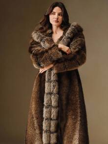 Anewsta Fashionable Women Faux Fur Hooded Long Coat - Brown - View 3