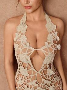 SHEIN Unity 女士性感优雅浪漫镂空露背钩针修身短款罩衫连衣裙 - 杏色 - 查看 8