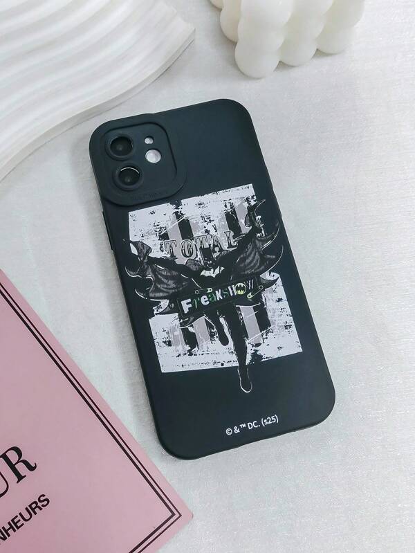 BATMAN X SHEIN Carcasă de telefon neagră la modă cu grafică de personaj de desene animate drăguț