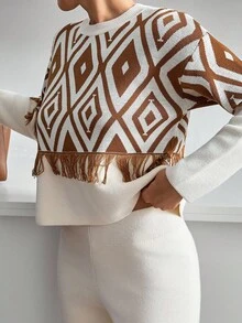 EURMUSE Plus Size Casual Crew Round Neck Ikatt Jacquard Pattern Color Block Fringe Detailed Sweater & Wide Leg Solid Color High Waist Welt Pocket On The Back 2 Piece Knit Set For Fall Wİnter Women - Multicolor - View 5