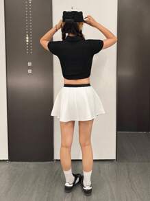 SHEIN Teen Girls'' Casual Comfy Polo Collar Short Sleeve T-Shirt & Color Block Skirt 2Pcs Set - Black - View 2