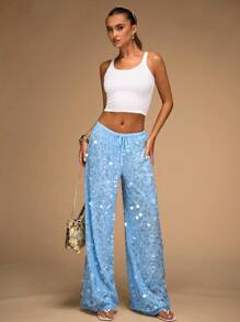 SHEIN BAE Quần ống rộng đính sequin cạp trễ dành cho nữ, thích hợp cho kỳ nghỉ ở bãi biển, mùa hè - Màu xanh nhạt - Xem 3