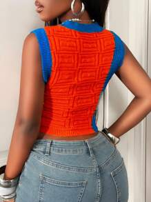 BamGleam 女式橙色撞色罗纹提花无袖短款修身休闲针织上衣 - 橘色 - 查看 3
