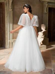 Aureia Đầm Maxi bồng bềnh cổ tim màu trắng thanh lịch lãng mạn quyến rũ tay bồng phóng đại đính hạt trang trí hoa cỡ lớn, thích hợp cho kỳ nghỉ, tuần trăng mật, dạ hội, đám cưới, váy cưới - trắng - Xem 4