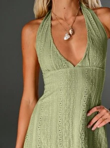 TRNVIE Women's Green Hollow-Out Jacquard Deep V-Neck Spaghetti Strap Mini Vacation Dress, Spring/Summer - Mint Green - View 3