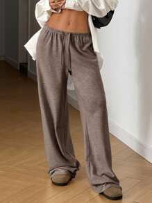 SHEIN EZwear 秋季大码休闲宽松纯色裤 - 卡其色 - 查看 1