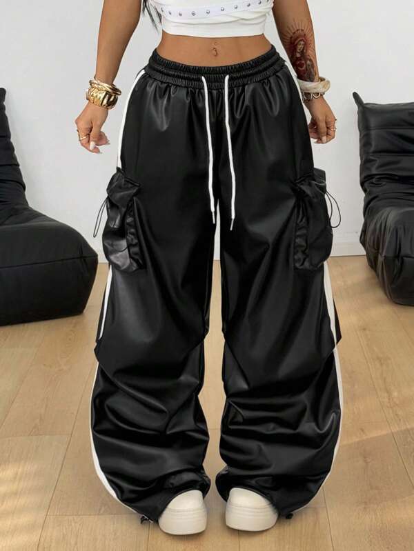 Coolane Women's Fall/All-Season  Streetwear Vintage  Hippie Back To School Y2K Grunge Banded Texture Decoration  Leather Black Cargo Pants