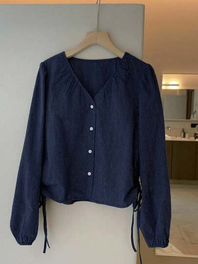 INAWLY 大码休闲纯色侧抽绳衬衫