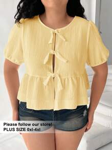 Solflare Plus Size Casual Solid Color Tie Cuff Puff Sleeve Shirt - Yellow - View 1