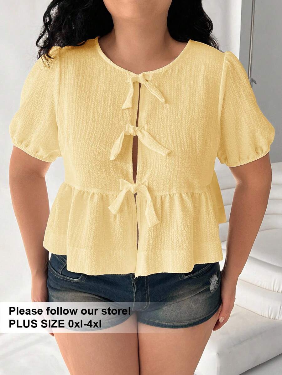 Solflare Plus Size Casual Solid Color Tie Cuff Puff Sleeve Shirt - Yellow - View 1