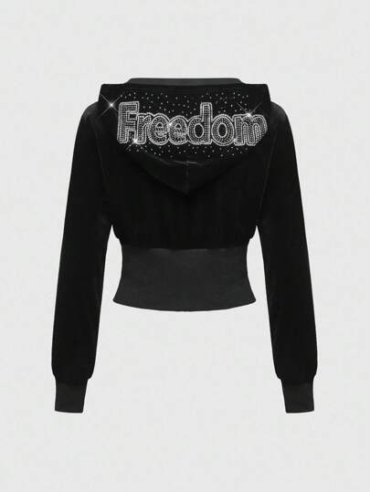 J-Fashion Sweat-shirt à capuche vintage pour femmes décoré de strass avec texte anglais en velours