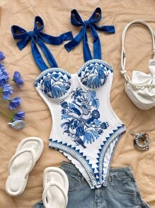 Soleia 女士新款假日系列针织吊带蝴蝶结连体衣，花鸟印花，蓝白配色，适合邮轮、嘉年华等场合，可内搭或外穿。