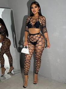 Ladies' Sexy Top & Pants Mesh Outfit, 2pcs/Set For Going Out - Black - View 5
