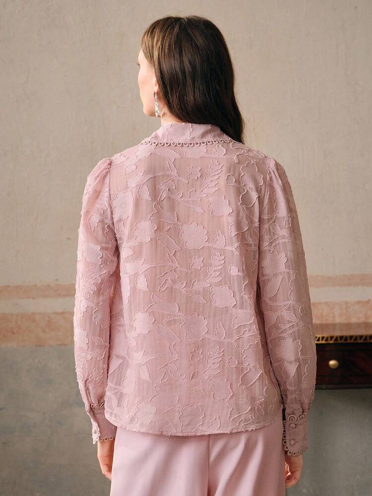 Ladies' Spring/Autumn Elegant Crystal Decor Jacquard Flower Applique Contrast Lace Lantern Sleeve Blouse