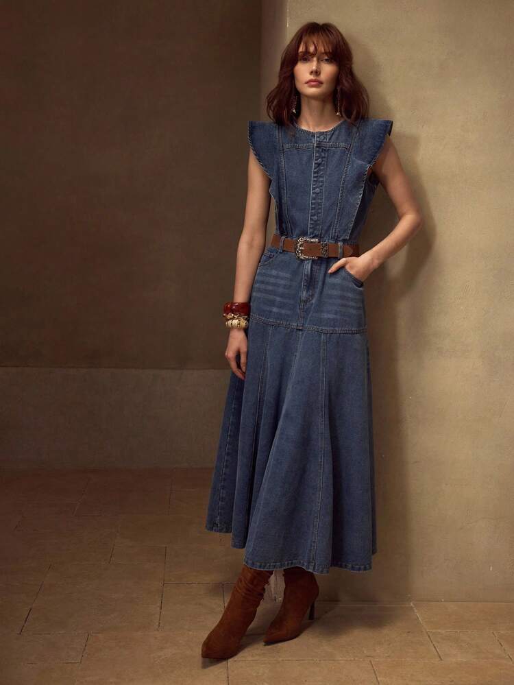 RUFFLE TRIM SLANT POCKET DENIM DRESS