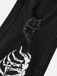 修身骷髅十字架印花男童牛仔裤，可调节腰围，经典五口袋设计，充满万圣节氛围，街头风必备单品 - 黑色 - 查看 4