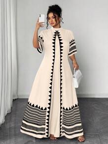 Elenzga Plus Size Print Tie Up 2 In 1 Dress Habesha Kemis - Apricot - View 1