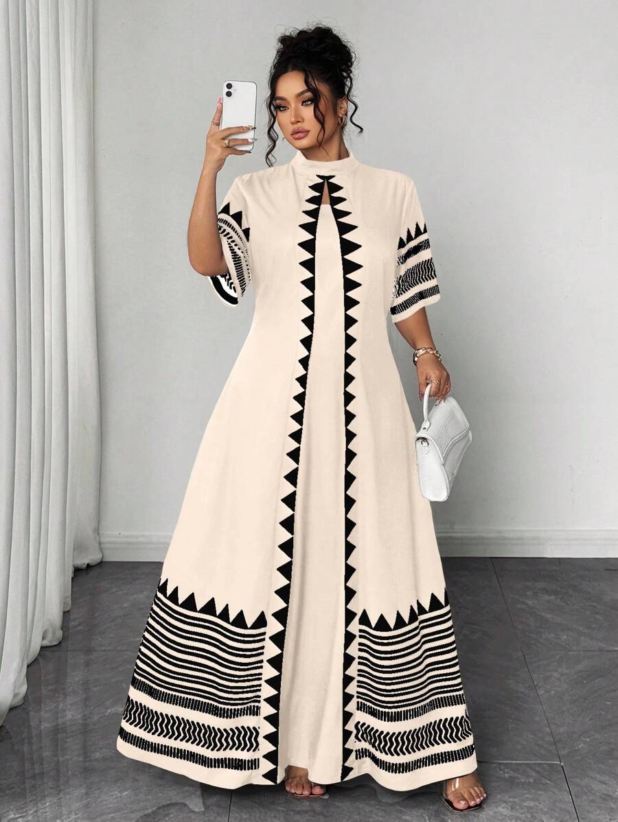 Elenzga Plus Size Print Tie Up 2 In 1 Dress Habesha Kemis - Apricot - View 1