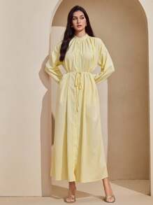 Graceveil Elegant Yellow Long Dress With Raglan Sleeves And Button-Up Design For Women - Yellow - View 3