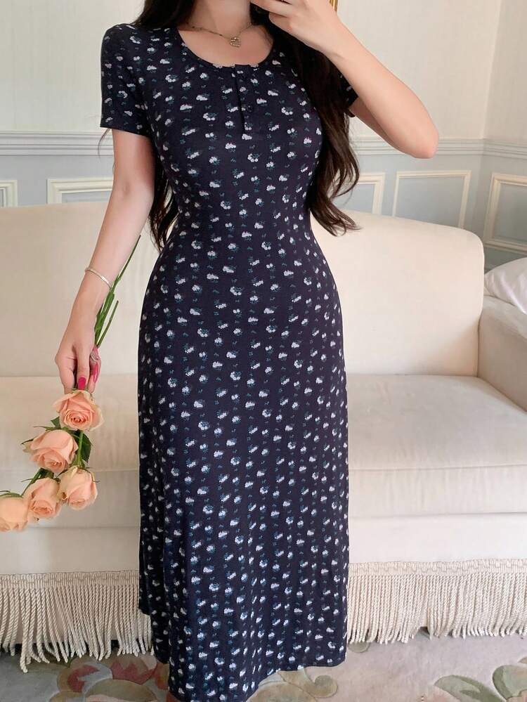 Ditsy Floral Long Knit Cinched Waist Sleepshirt For Women Pajama