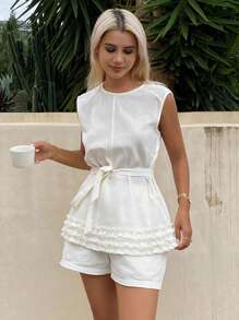 Livesso Débardeur ajusté à volants pour femmes, idéal pour les vacances - Blanc - Voir 1