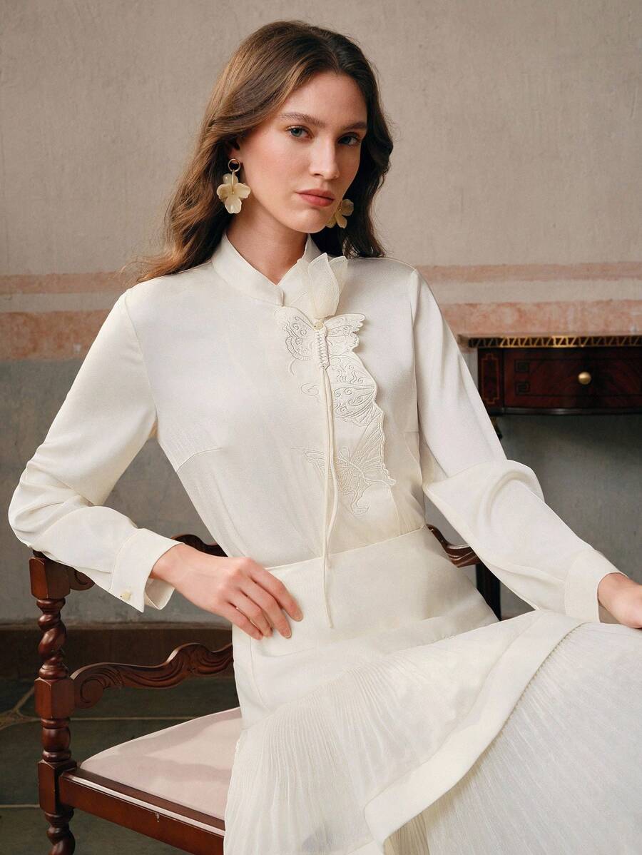 Anewsta Women's Champagne White Embroidered Button-Front Shirt, Long Sleeve, Spring/Autumn/Summer - Champagne - View 1
