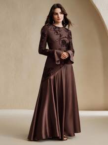 Anewsta Đầm nữ cổ tròn tay chuông họa tiết hoa thanh lịch - Cà phê - Xem 4