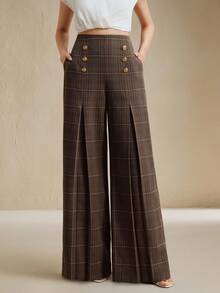 Anewsta 秋冬女装穿着舒适休闲通勤百搭时尚优雅简约经典现代返校季粗花呢格子装饰经典金属纽扣口袋开衩阔腿腰拉链女裤 - 咖啡棕 - 查看 7