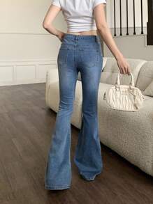 SHEIN 少女闪亮心形钻石蓝色弹力紧身喇叭腿牛仔裤，女孩春夏休闲度假乡村波西米亚风装，水钻牛仔裤 - 中等水洗藍 - 查看 2