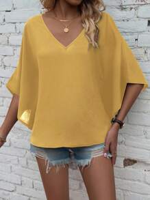 SHEIN LUNE Áo sơ mi nữ tay cánh dơi cổ chữ V rộng rãi thường ngày - Màu vàng - Xem 6