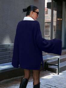 EURMUSE 休闲超大深V领双喇叭袖毛衣 - 藏蓝色 - 查看 2