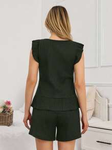EURMUSE 优雅简约的宽松荷叶边领上衣和短裤女士休闲套装 - 軍綠色 - 查看 2