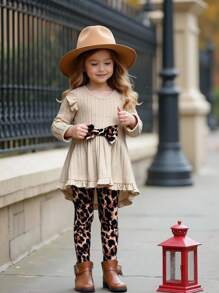 SHEIN 年轻女孩 2 件套针织纯色圆领拼接豹纹蝴蝶结和豹纹裤套装 - 彩色 - 查看 2