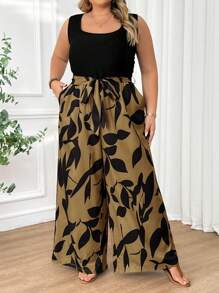 SHEIN CURVE+ 大码女式腰带印花拼布休闲连体裤，夏季波西米亚风度假夏季/乡村/海滩度假装/沙滩装/沙滩装 - 卡其色 - 查看 6