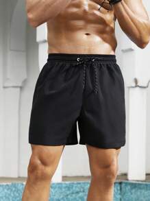 ZELFYO Plus Size Men's Solid Color Drawstring Waist Pocket Beach Shorts Men Drawstring Shorts Men Swimming Shorts - Black - View 6