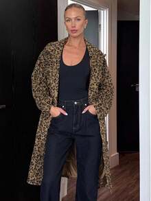 DAZY Abrigo largo y grueso de solapa de leopardo de doble botonadura de manga larga y holgado para mujer, otoño/invierno - Caqui - Ver 6
