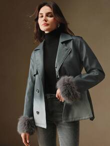 SHEIN X Jwoww Anewsta 灰色渐变拉链可拆卸兔毛领腰部收紧袖口皮夹克，适合秋季、冬季、外出、优雅、正式、派对、别致、新年、女士冬季外套、圣诞节、工作、毕业 - 灰色 - 查看 7