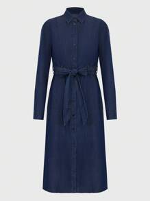 Women's Casual Waist Cinched Mid-Length Denim Dress - Dark Wash - View 7