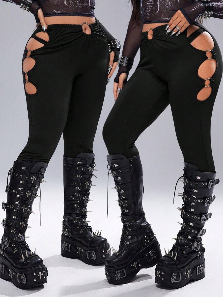 Whyspr 大码女式圆链装饰镂空修身打底裤 - 黑色 - 查看 1