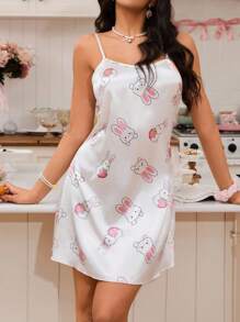 缎带女士睡袍，带有卡通兔子和草莓印花 - 彩色 - 查看 4