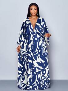 SOLERSUN 女士节日花卉印花 V 领长款优雅荷叶边袖荷叶边开叉大腿长裙，适合度假、约会和日常装扮 - 藏蓝色 - 查看 6