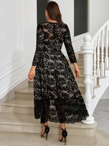 Gownix Curvy Plus Size Women's Lace V-Neck Spliced ​​Short Front And Long Back Romantic Elegant Long-Sleeved Long Dress, Suitable For Autumn And Winter, Guest Party Party Dress, Going Out,Holiday Dress,Christmas Party Dress ,Knit Dress,New Years Outfit - Black - View 2