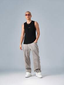 PLAYBOY X SUMWON Áo tank top gân sọc, áo lót không tay cơ bản, áo tập thể dục, áo tank top cơ bắp với logo thương hiệu, phong cách đường phố thường ngày mùa hè, dáng ôm sát. - màu đen - Xem 4