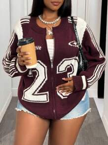 Slaydiva Cárdigan de punto con cremallera, número 23, holgado, color burdeos e marfil, para mujer talla grande, para otoño temprano, estilo universitario y urbano casual, para uso diario y vuelta al colegio, para salidas diarias en invierno y otoño - Burdeos - Ver 9