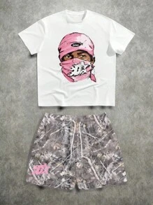 Manfinity ZONE917 Men's Streetwear Pink Camouflage Graphic Print Hooded T-Shirt Set - Multicolor - View 1