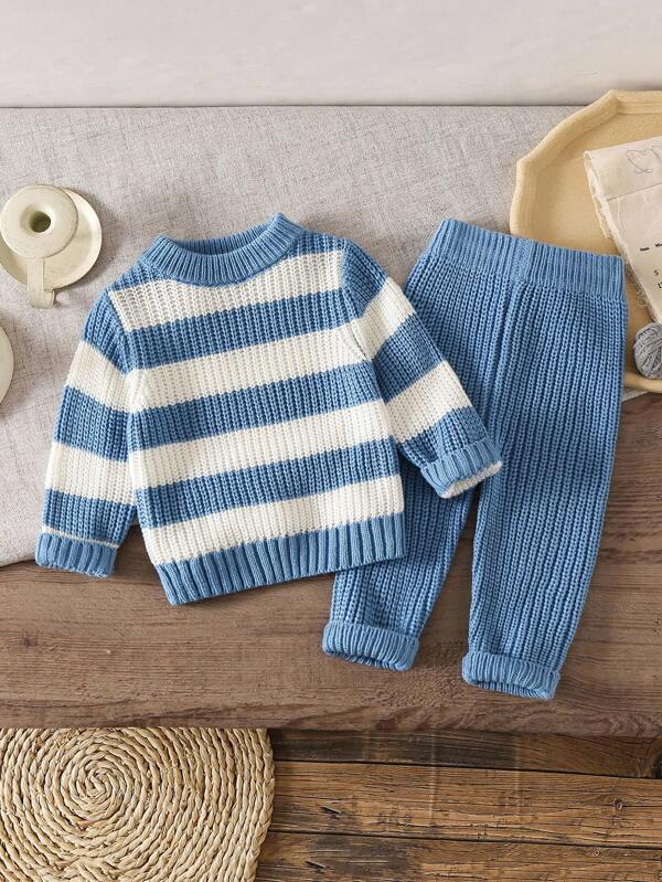 SHEIN Vintaside Kids Baby Boy Striped Crew Neck Long Sleeve Sweater And Knitted Pants Casual Outfit Baby Boy Sweater Set Knitted Baby Boy Blue Outfit Blue And White Striped Baby Sweater Toddler Boy Knit Two Piece Set Baby Boy Knit Pants Knit Two Piece Toddler Toddler Boy Knit Pants Baby Boys Soft Knit Long Sweater And Pants Set With Stripes For Everyday Warmth Cozy Baby Boys Striped Long Sleeve Sweater Outfit In Blue And White For Winter Comfort Baby Boys Blue And White Striped Long Sleeve Sweater Co-Ords With Knit