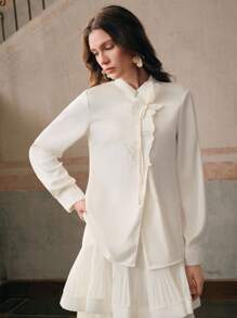 Anewsta Women's Champagne White Embroidered Button-Front Shirt, Long Sleeve, Spring/Autumn/Summer - Champagne - View 7
