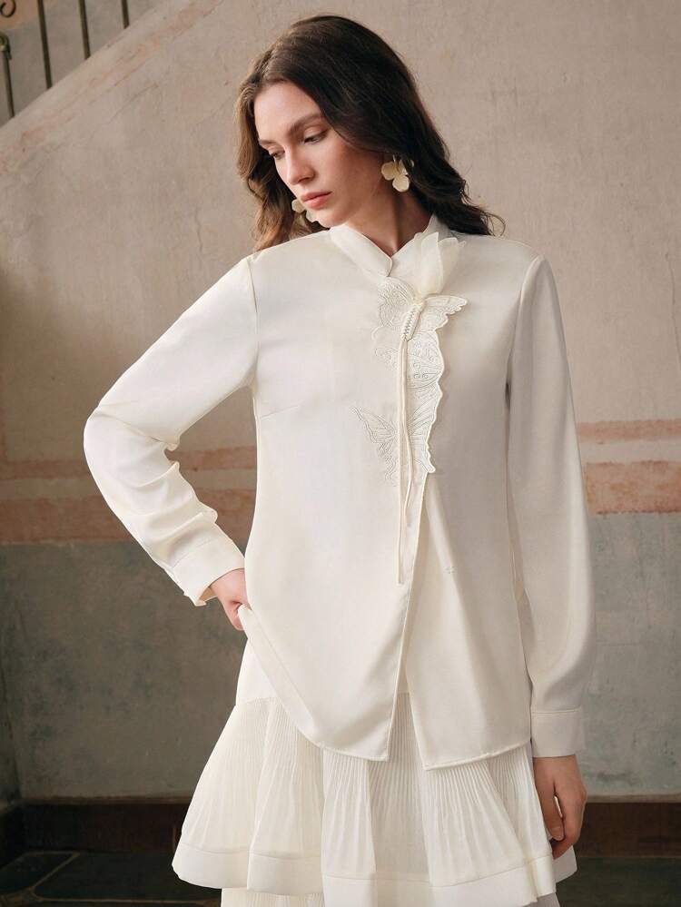 Women's Champagne White Embroidered Button-Front Shirt, Long Sleeve, Spring/Autumn/Summer